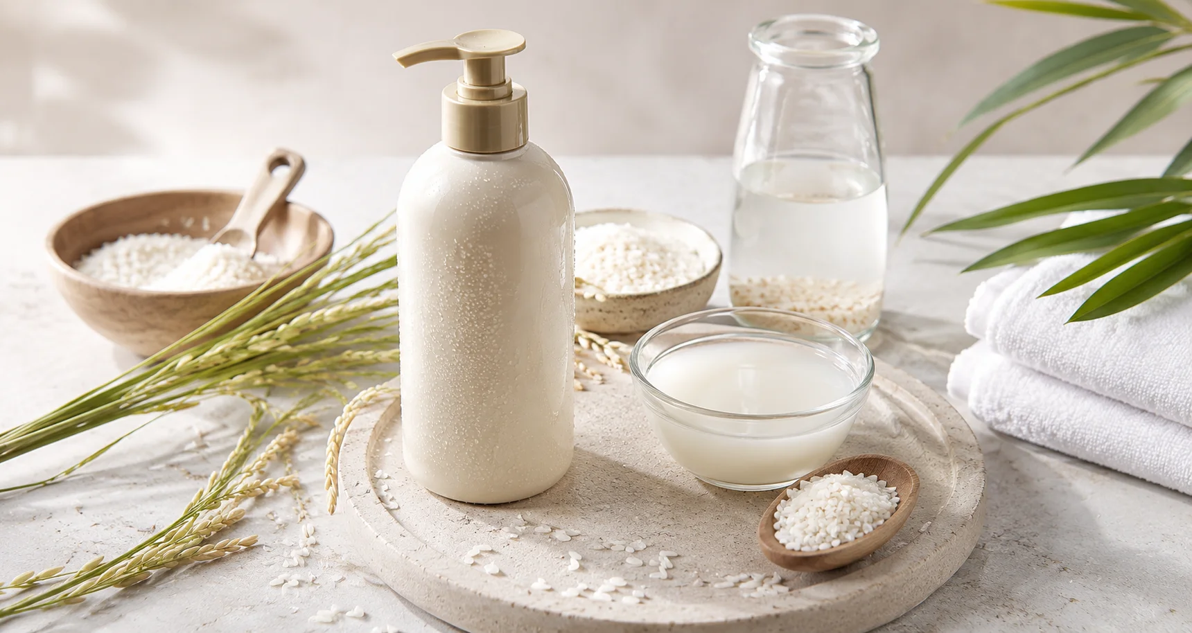 A pump bottle of rice milk skincare surrounded by rice grains, a small bowl of rice, a bowl of rice milk, and fresh rice stalks on a stone platter.